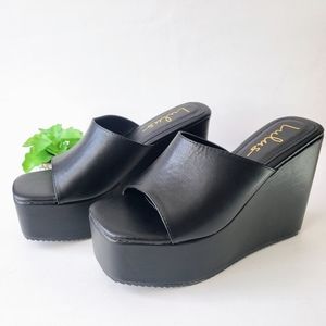 Lulus Callyy Black Platform Slide Sandals Wedge Vegan Faux Leather Size 7